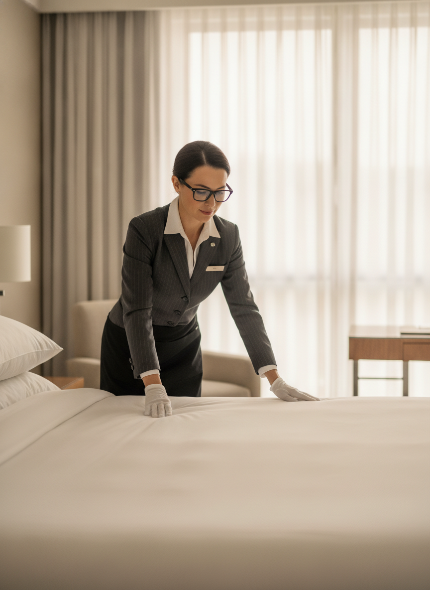 Room attendant wearing 6th Star glasses finishing a bed